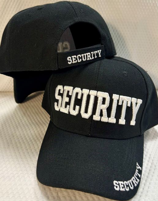 SECURITY BASEBALL CAP, WHITE LETTERING on BLACK HAT.